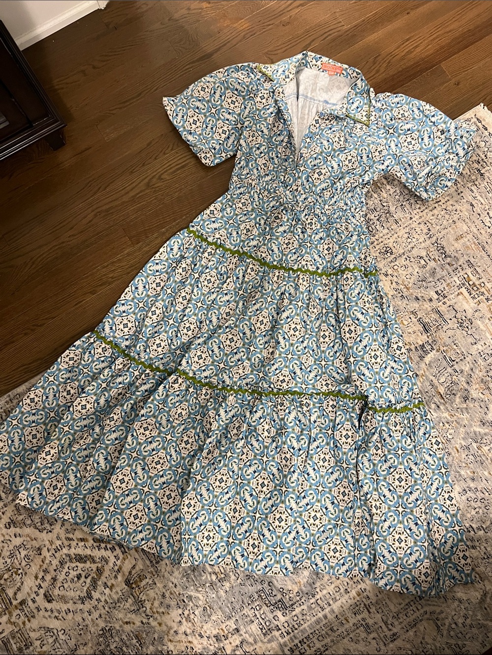 Blue Patterned Tiered Midi Dress with Green Trim